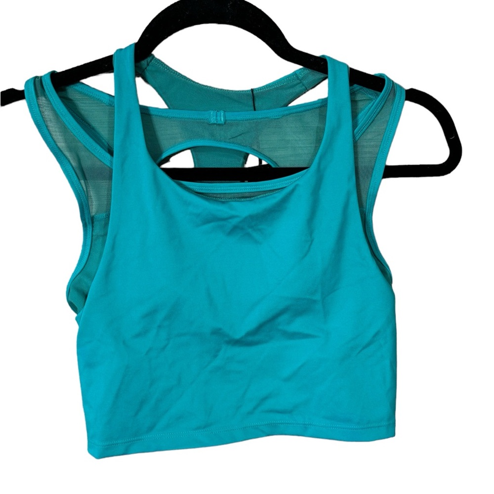 Savvi Crop Top Sports Bra, Blue-Teal, Size Medium, Layered Mesh Detail